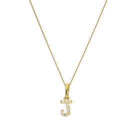 9ct Gold & Clear CZ Crystal Hanging Script Alphabet Letter J Pendant on 16 - 20 Inches Chain