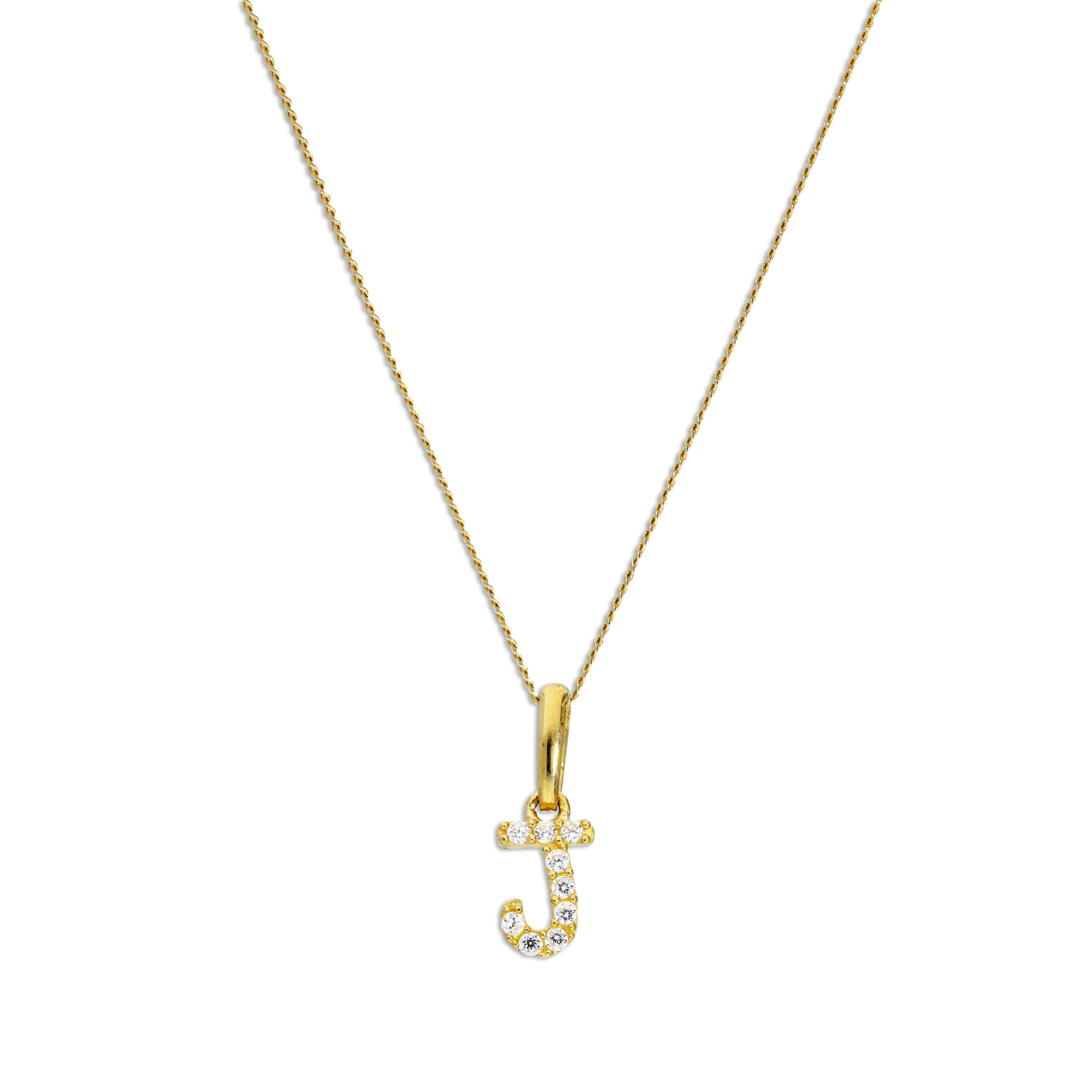 9ct Gold & Clear CZ Crystal Hanging Script Alphabet Letter J Pendant on 16 - 20 Inches Chain