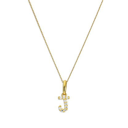 9ct Gold & Clear CZ Crystal Hanging Script Alphabet Letter J Pendant on 16 - 20 Inches Chain
