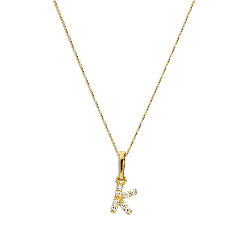 9ct Gold & Clear CZ Crystal Hanging Script Alphabet Letter K Pendant on 16 - 20 Inches Chain