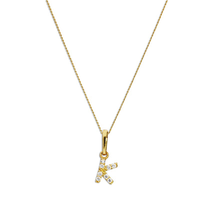 9ct Gold & Clear CZ Crystal Hanging Script Alphabet Letter K Pendant on 16 - 20 Inches Chain