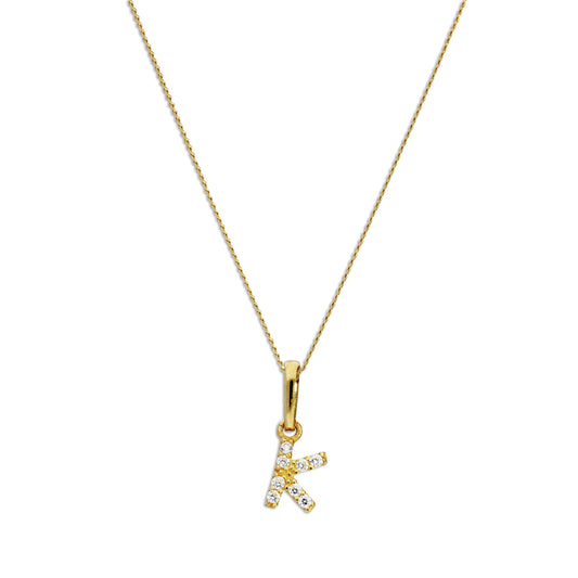 9ct Gold & Clear CZ Crystal Hanging Script Alphabet Letter K Pendant on 16 - 20 Inches Chain