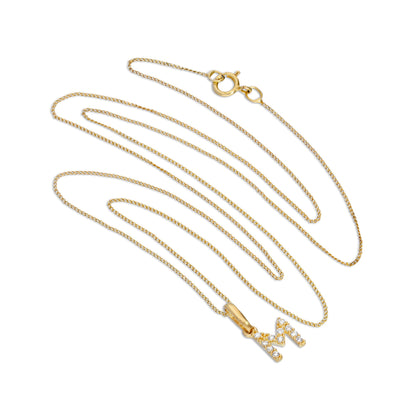 9ct Gold & Clear CZ Crystal Hanging Script Alphabet Letter M Pendant on 16 - 20 Inches Chain
