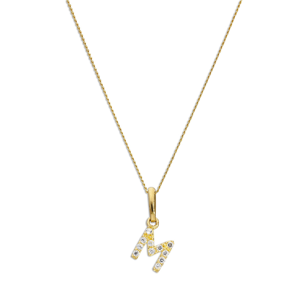 9ct Gold & Clear CZ Crystal Hanging Script Alphabet Letter M Pendant on 16 - 20 Inches Chain