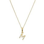 9ct Gold & Clear CZ Crystal Hanging Script Alphabet Letter M Pendant on 16 - 20 Inches Chain