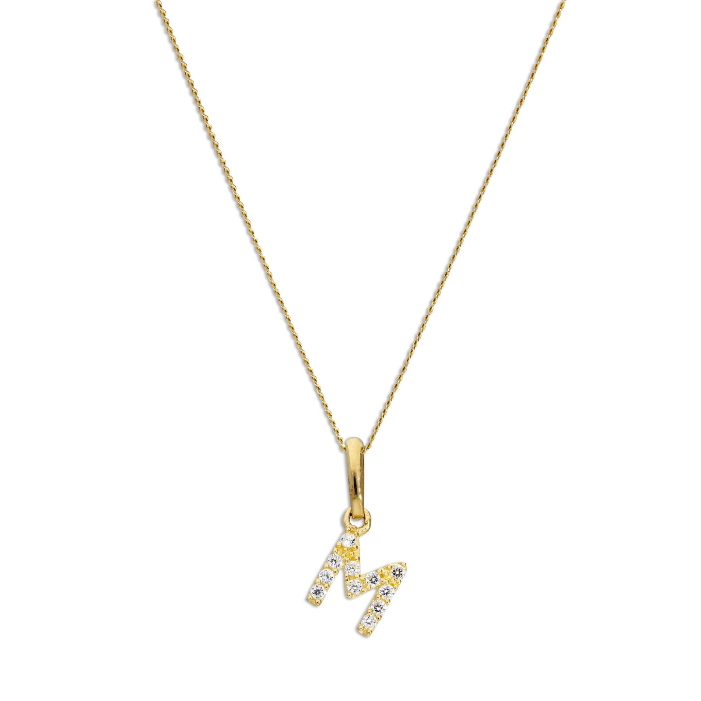 9ct Gold & Clear CZ Crystal Hanging Script Alphabet Letter M Pendant on 16 - 20 Inches Chain