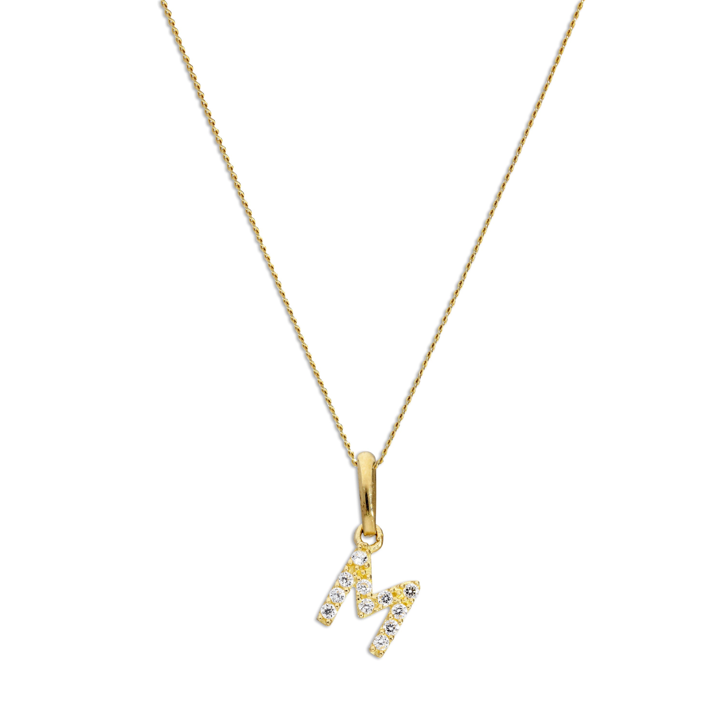 9ct Gold & Clear CZ Crystal Hanging Script Alphabet Letter M Pendant on 16 - 20 Inches Chain