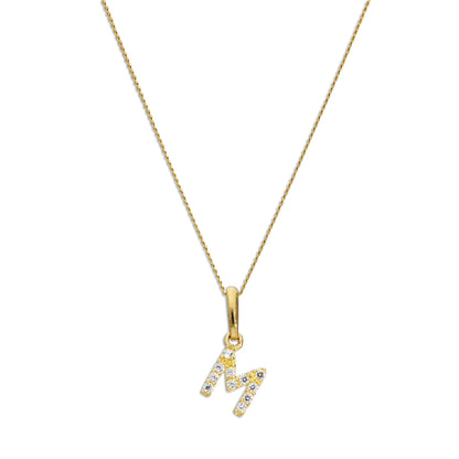 9ct Gold & Clear CZ Crystal Hanging Script Alphabet Letter M Pendant on 16 - 20 Inches Chain