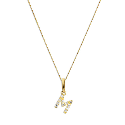 9ct Gold & Clear CZ Crystal Hanging Script Alphabet Letter M Pendant on 16 - 20 Inches Chain