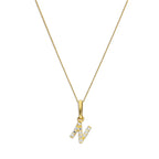 9ct Gold & Clear CZ Crystal Hanging Script Alphabet Letter N Pendant on 16 - 20 Inches Chain