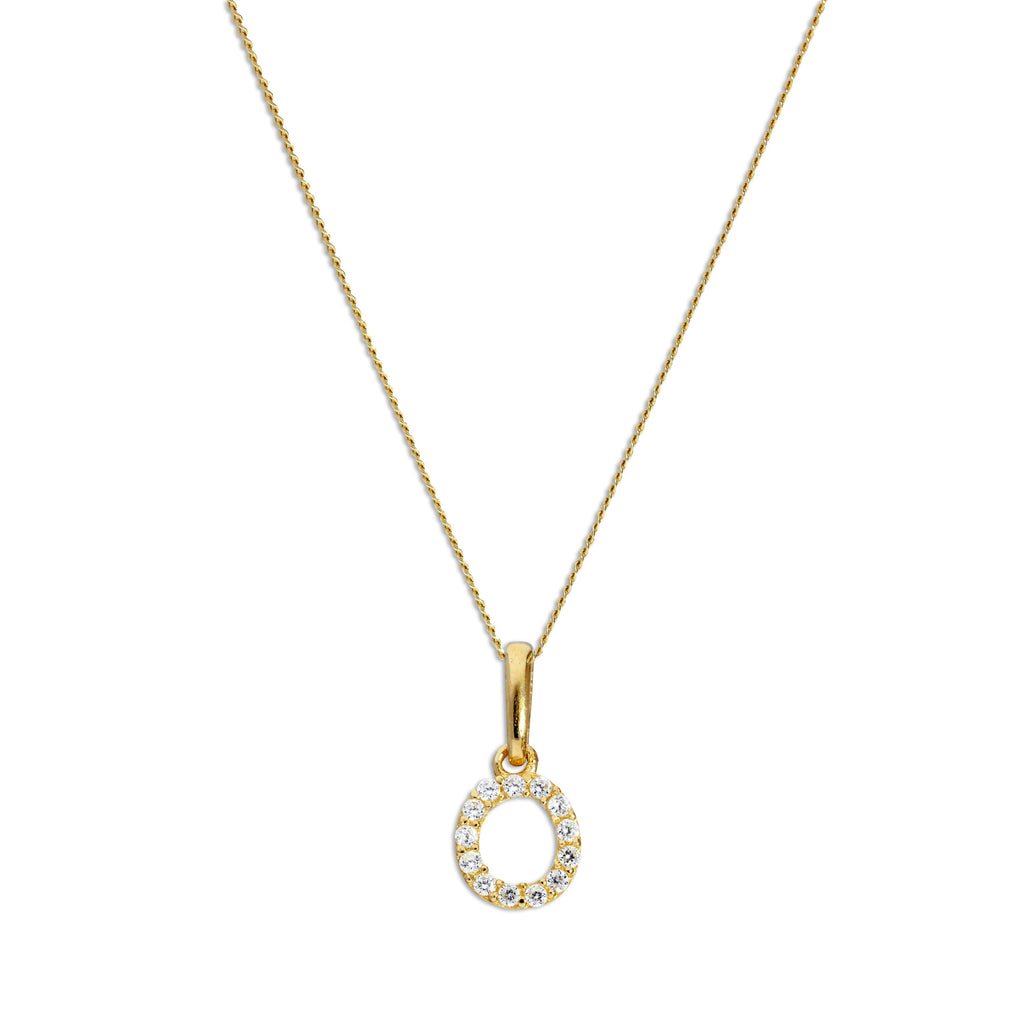 9ct Gold & Clear CZ Crystal Hanging Script Alphabet Letter O Pendant on 16 - 20 Inches Chain
