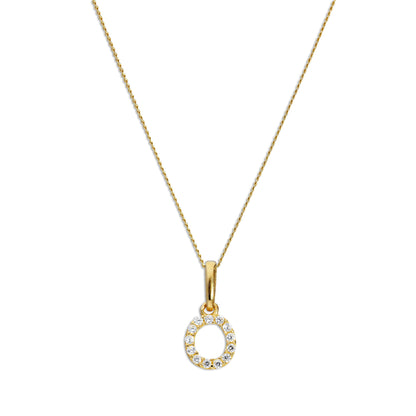 9ct Gold & Clear CZ Crystal Hanging Script Alphabet Letter O Pendant on 16 - 20 Inches Chain