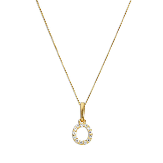 9ct Gold & Clear CZ Crystal Hanging Script Alphabet Letter O Pendant on 16 - 20 Inches Chain