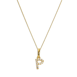 9ct Gold & Clear CZ Crystal Hanging Script Alphabet Letter P Pendant on 16 - 20 Inches Chain