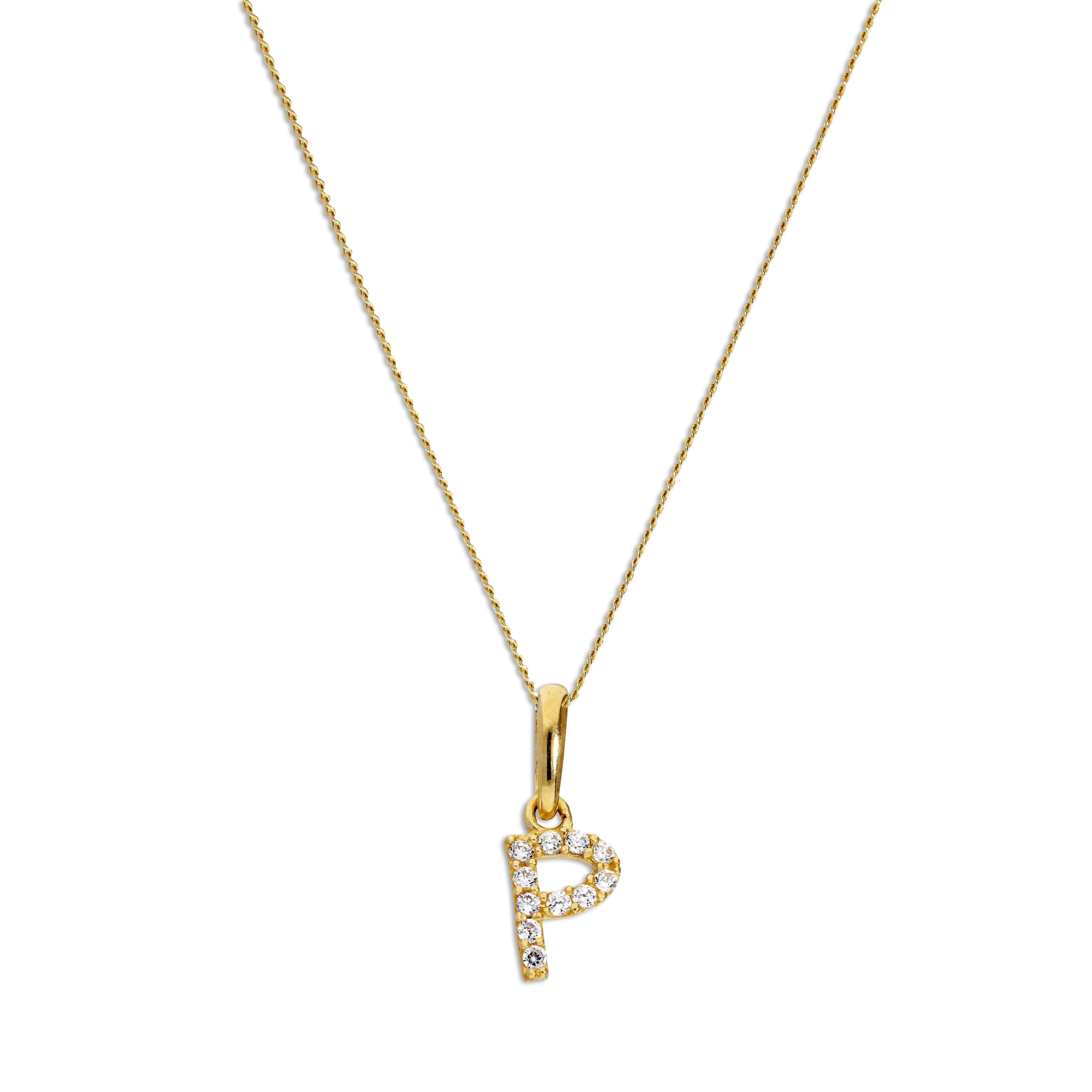 9ct Gold & Clear CZ Crystal Hanging Script Alphabet Letter P Pendant on 16 - 20 Inches Chain