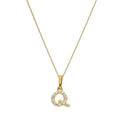 9ct Gold & Clear CZ Crystal Hanging Script Alphabet Letter Q Pendant on 16 - 20 Inches Chain