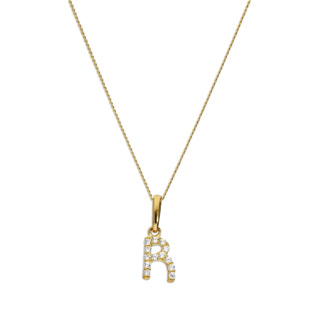 9ct Gold & Clear CZ Crystal Hanging Script Alphabet Letter R Pendant on 16 - 20 Inches Chain