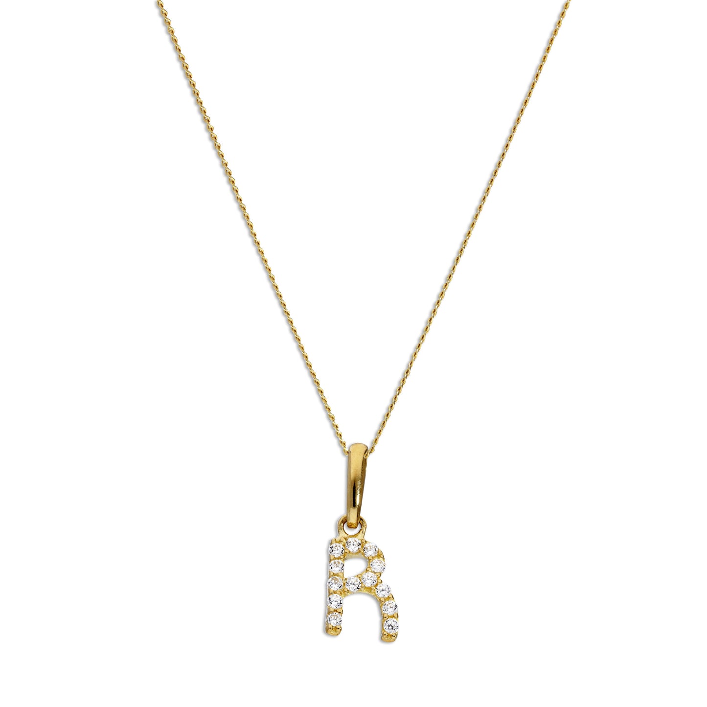 9ct Gold & Clear CZ Crystal Hanging Script Alphabet Letter R Pendant on 16 - 20 Inches Chain
