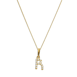 9ct Gold & Clear CZ Crystal Hanging Script Alphabet Letter R Pendant on 16 - 20 Inches Chain