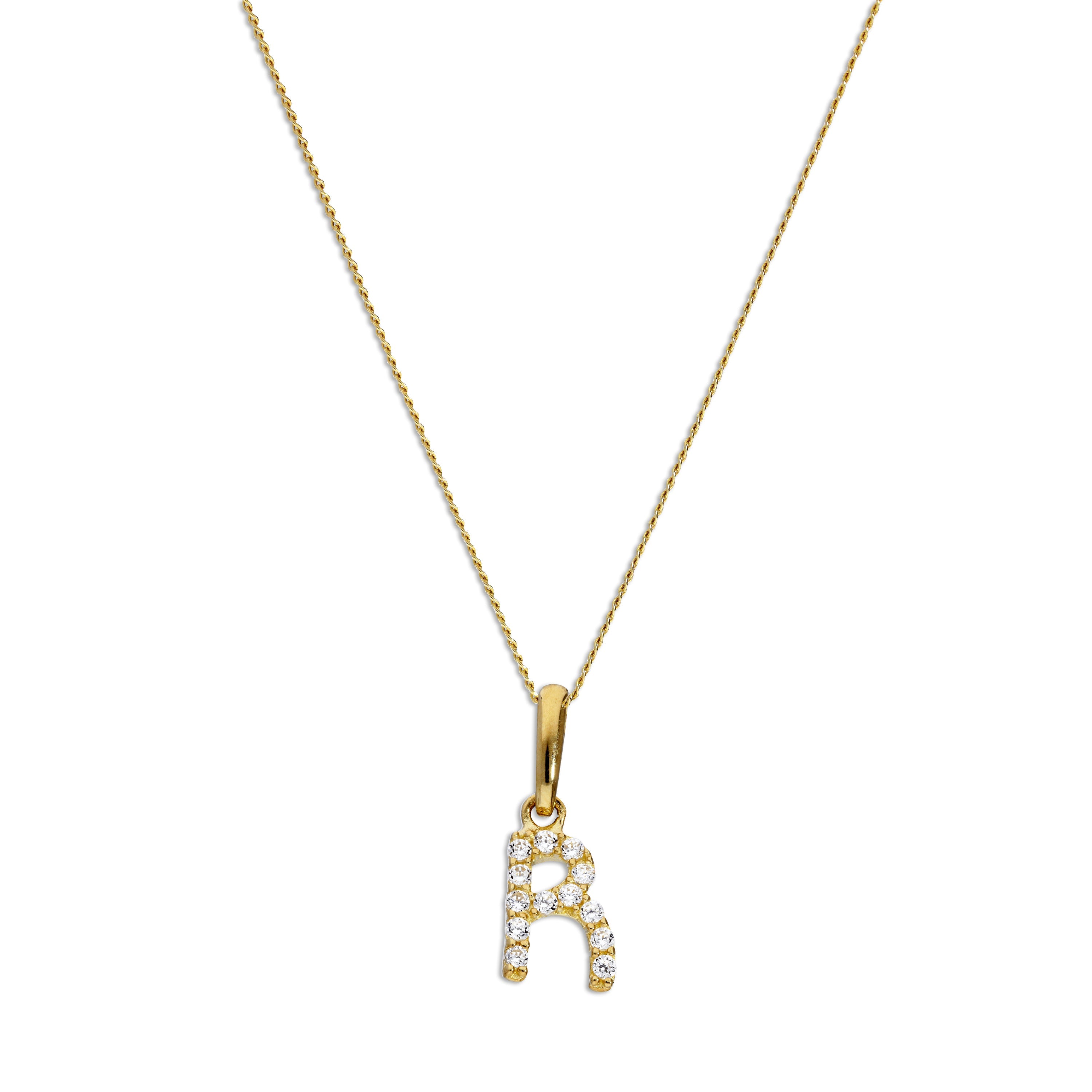 9ct Gold & Clear CZ Crystal Hanging Script Alphabet Letter R Pendant on 16 - 20 Inches Chain