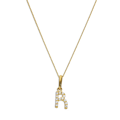 9ct Gold & Clear CZ Crystal Hanging Script Alphabet Letter R Pendant on 16 - 20 Inches Chain
