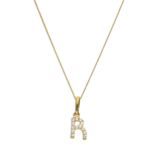 9ct Gold & Clear CZ Crystal Hanging Script Alphabet Letter R Pendant on 16 - 20 Inches Chain