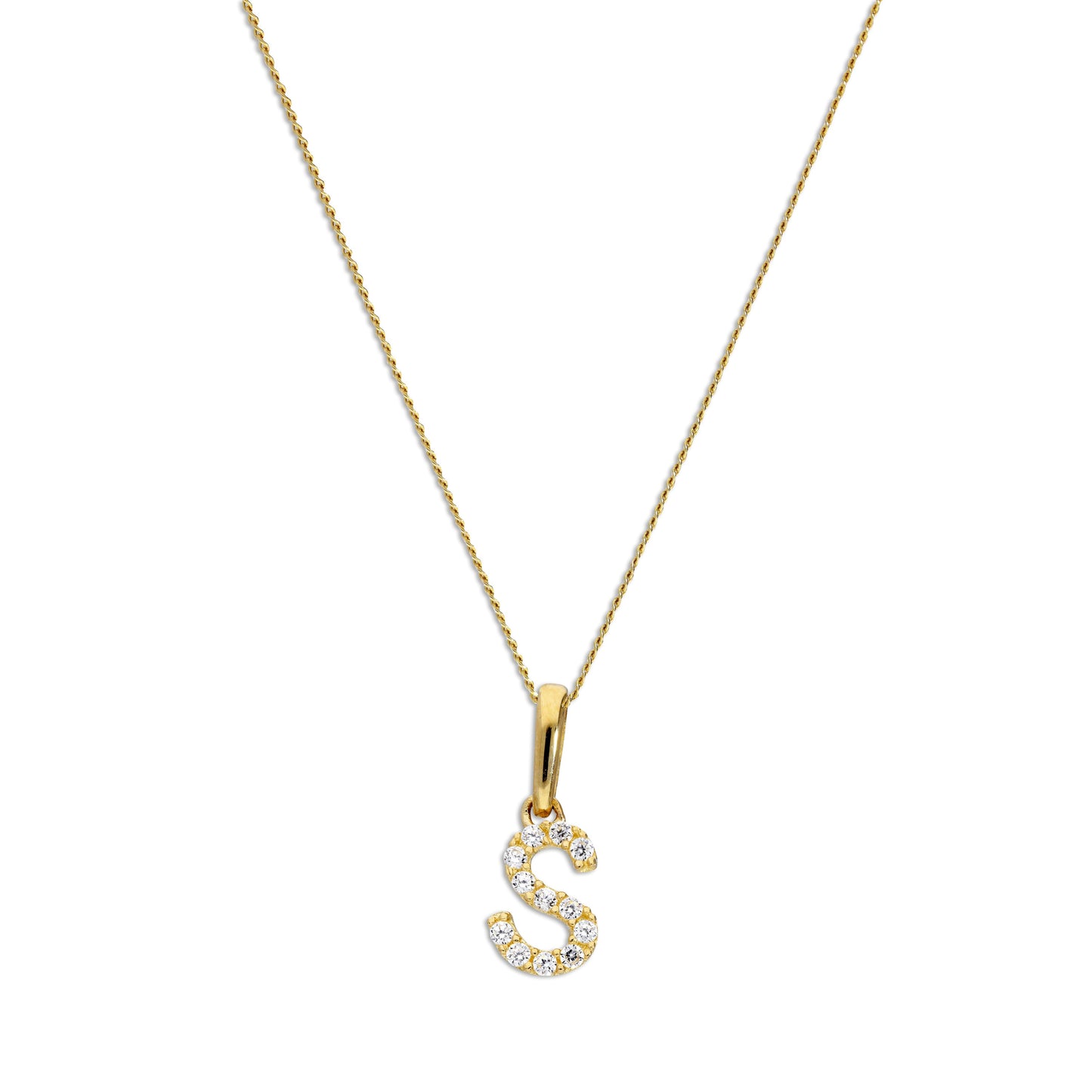9ct Gold & Clear CZ Crystal Hanging Script Alphabet Letter S Pendant on 16 - 20 Inches Chain