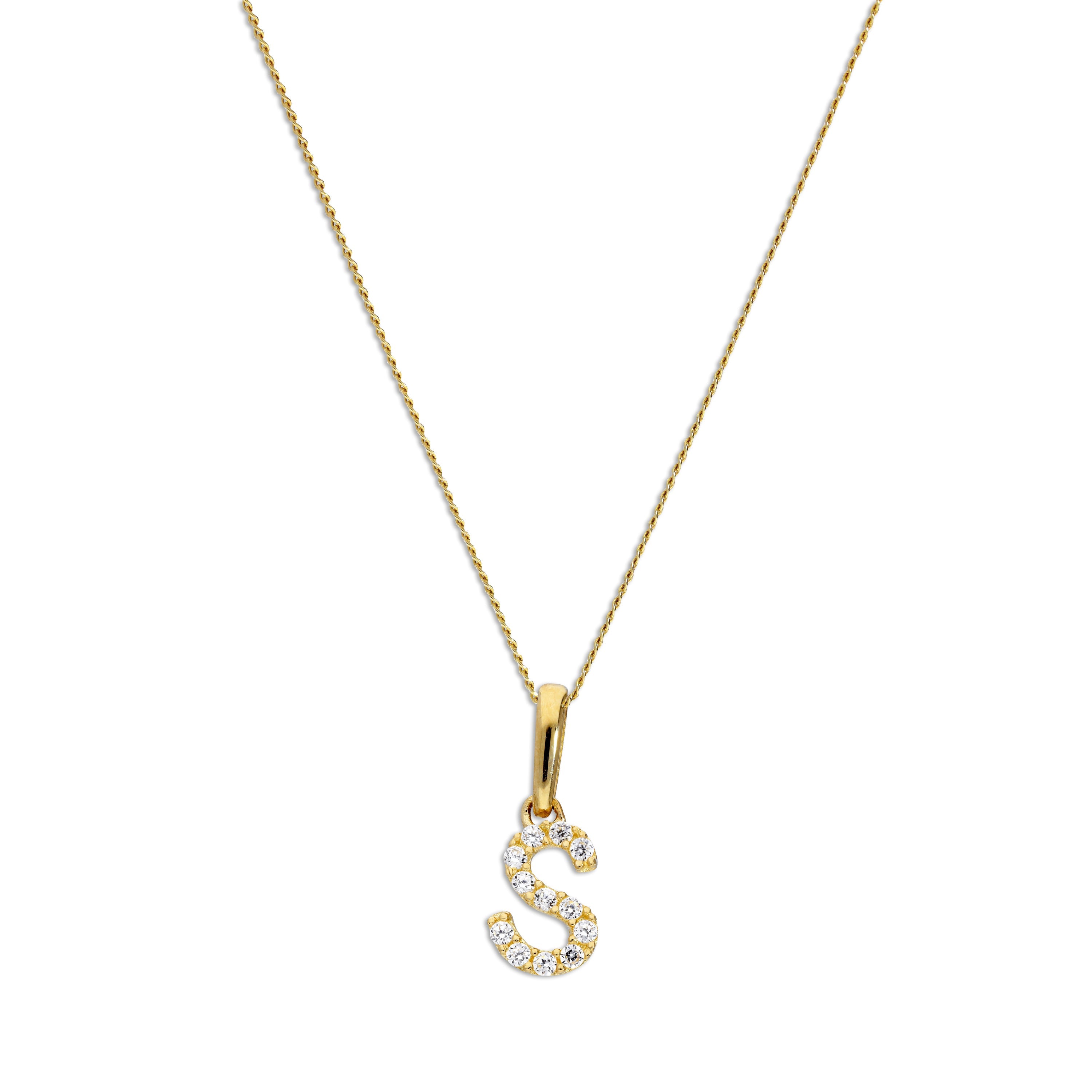9ct Gold & Clear CZ Crystal Hanging Script Alphabet Letter S Pendant on 16 - 20 Inches Chain