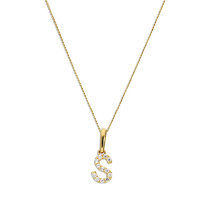 9ct Gold & Clear CZ Crystal Hanging Script Alphabet Letter S Pendant on 16 - 20 Inches Chain