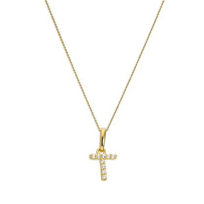 9ct Gold & Clear CZ Crystal Hanging Script Alphabet Letter T Pendant on 16 - 20 Inches Chain