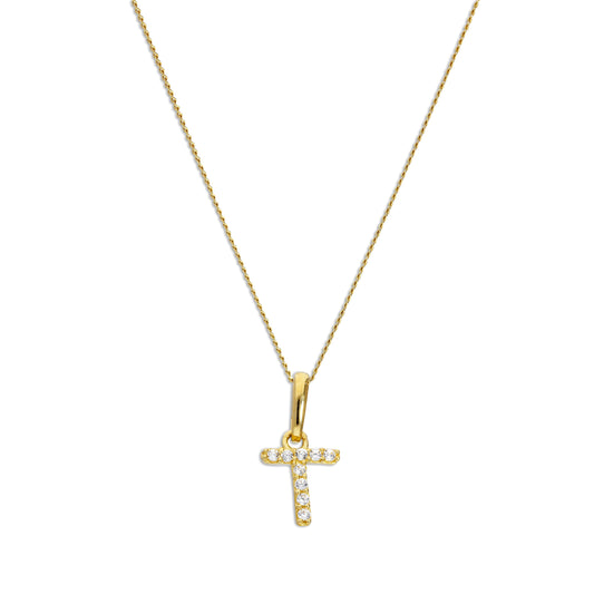 9ct Gold & Clear CZ Crystal Hanging Script Alphabet Letter T Pendant on 16 - 20 Inches Chain