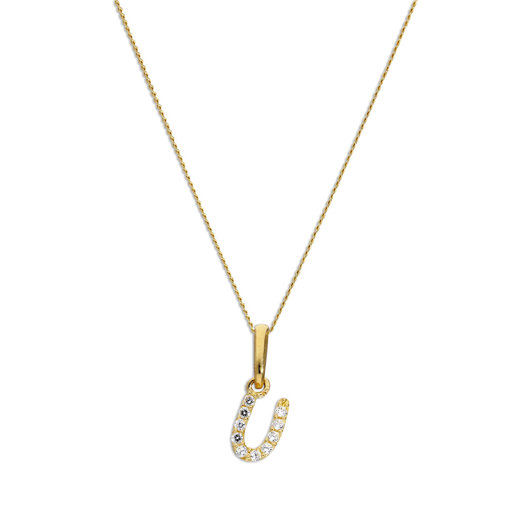 9ct Gold & Clear CZ Crystal Hanging Script Alphabet Letter U Pendant on 16 - 20 Inches Chain