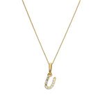 9ct Gold & Clear CZ Crystal Hanging Script Alphabet Letter U Pendant on 16 - 20 Inches Chain