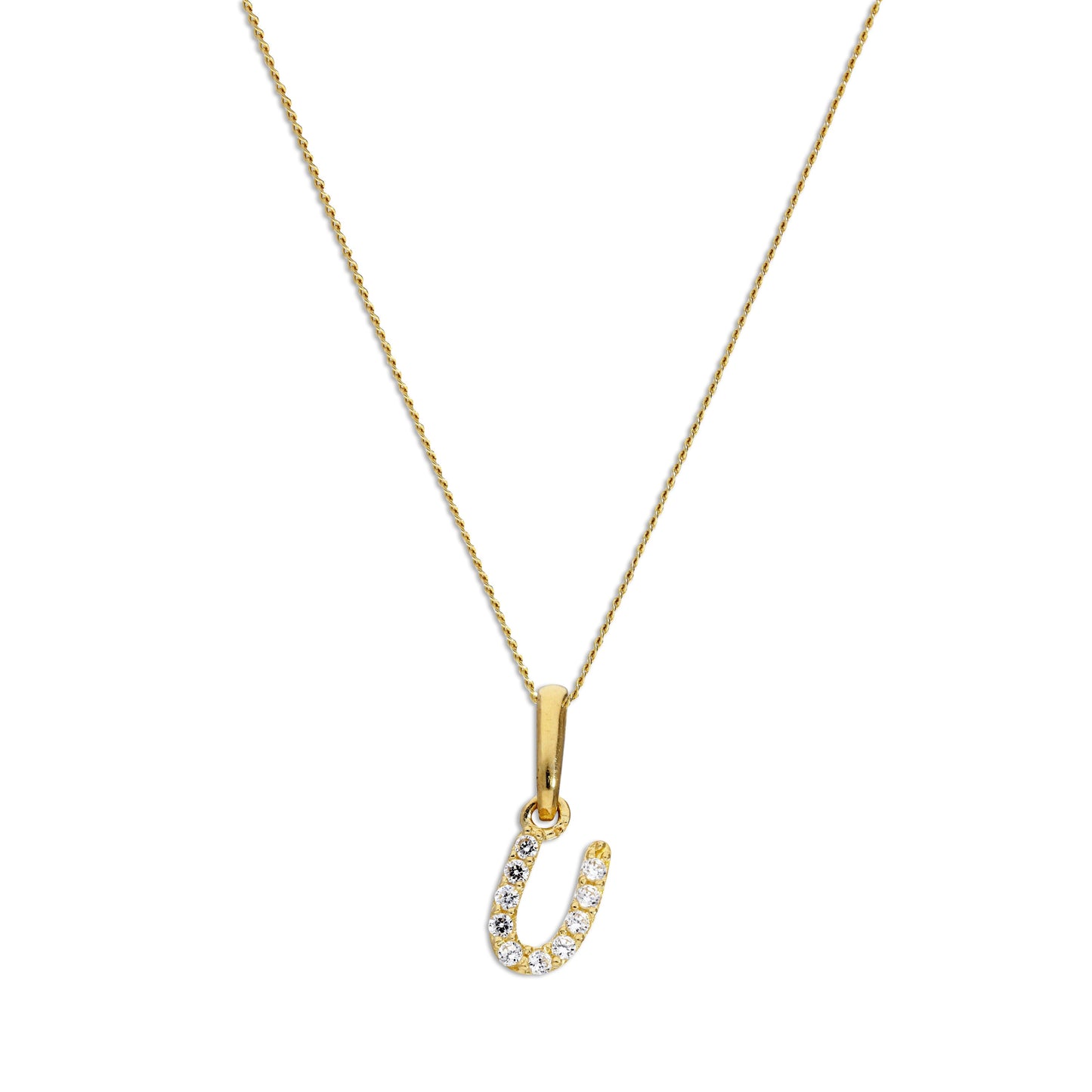 9ct Gold & Clear CZ Crystal Hanging Script Alphabet Letter U Pendant on 16 - 20 Inches Chain
