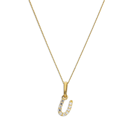 9ct Gold & Clear CZ Crystal Hanging Script Alphabet Letter U Pendant on 16 - 20 Inches Chain