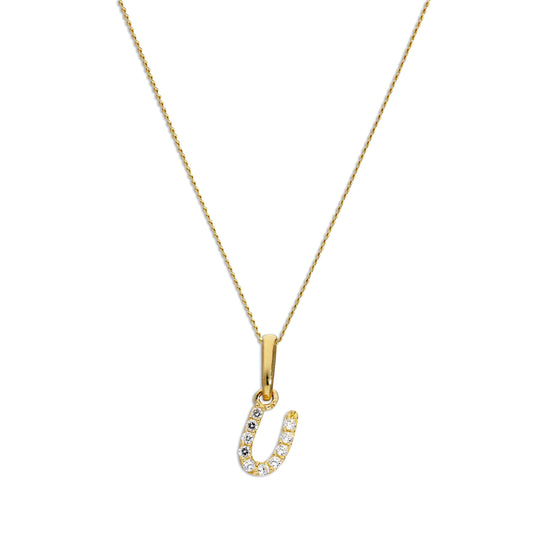 9ct Gold & Clear CZ Crystal Hanging Script Alphabet Letter U Pendant on 16 - 20 Inches Chain