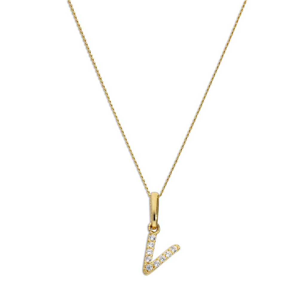 9ct Gold & Clear CZ Crystal Hanging Script Alphabet Letter V Pendant on 16 - 20 Inches Chain