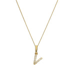 9ct Gold & Clear CZ Crystal Hanging Script Alphabet Letter V Pendant on 16 - 20 Inches Chain