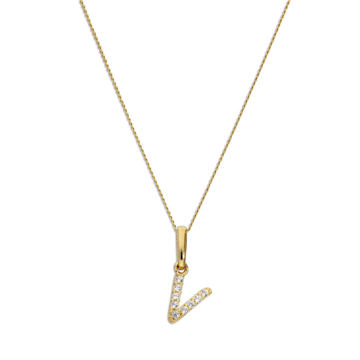 9ct Gold & Clear CZ Crystal Hanging Script Alphabet Letter V Pendant on 16 - 20 Inches Chain