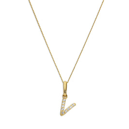9ct Gold & Clear CZ Crystal Hanging Script Alphabet Letter V Pendant on 16 - 20 Inches Chain
