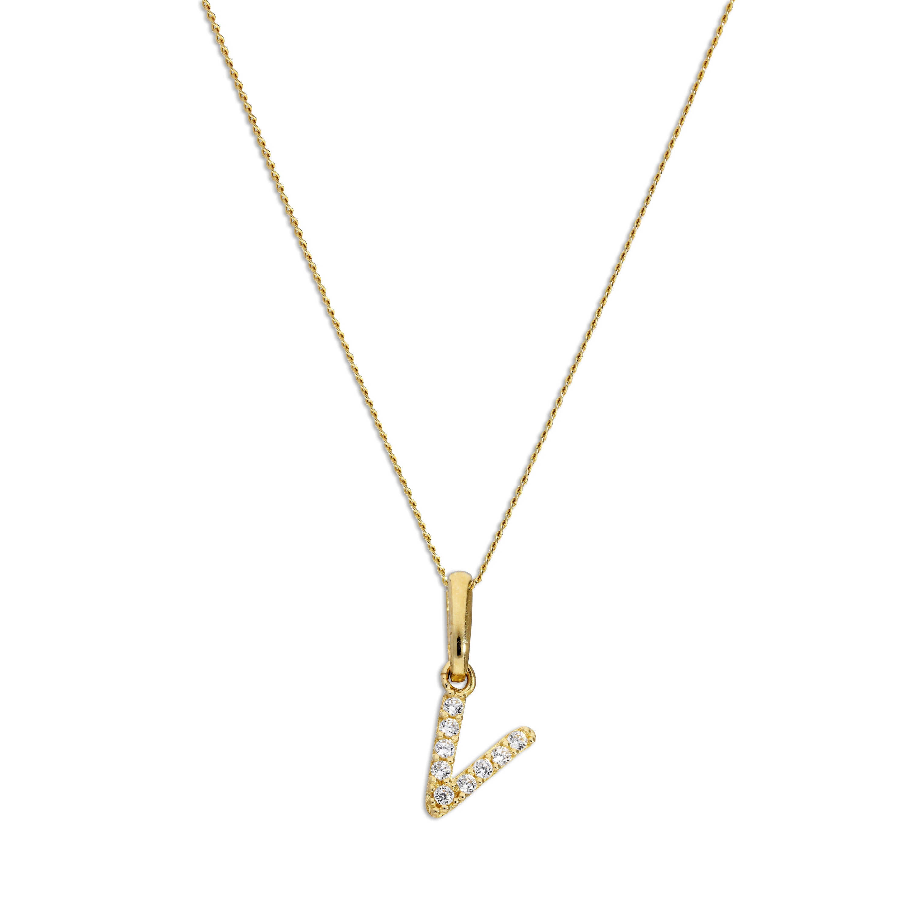 9ct Gold & Clear CZ Crystal Hanging Script Alphabet Letter V Pendant on 16 - 20 Inches Chain