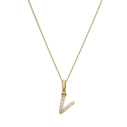 9ct Gold & Clear CZ Crystal Hanging Script Alphabet Letter V Pendant on 16 - 20 Inches Chain