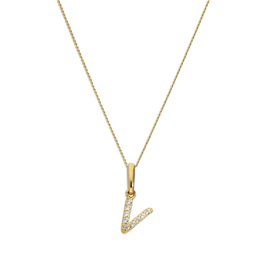 9ct Gold & Clear CZ Crystal Hanging Script Alphabet Letter V Pendant on 16 - 20 Inches Chain