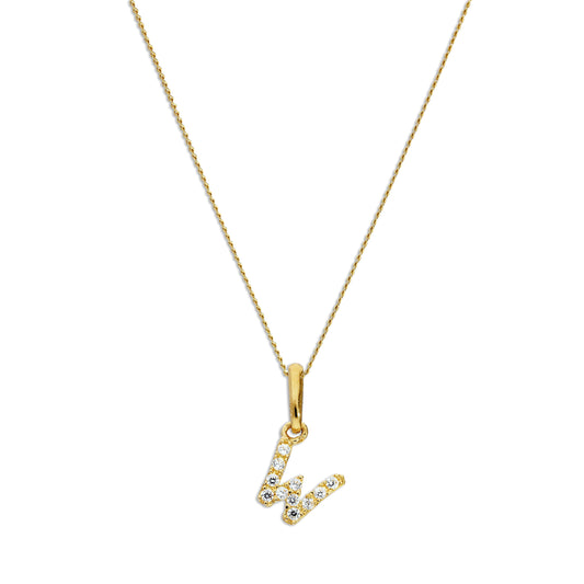 9ct Gold & Clear CZ Crystal Hanging Script Alphabet Letter W Pendant on 16 - 20 Inches Chain