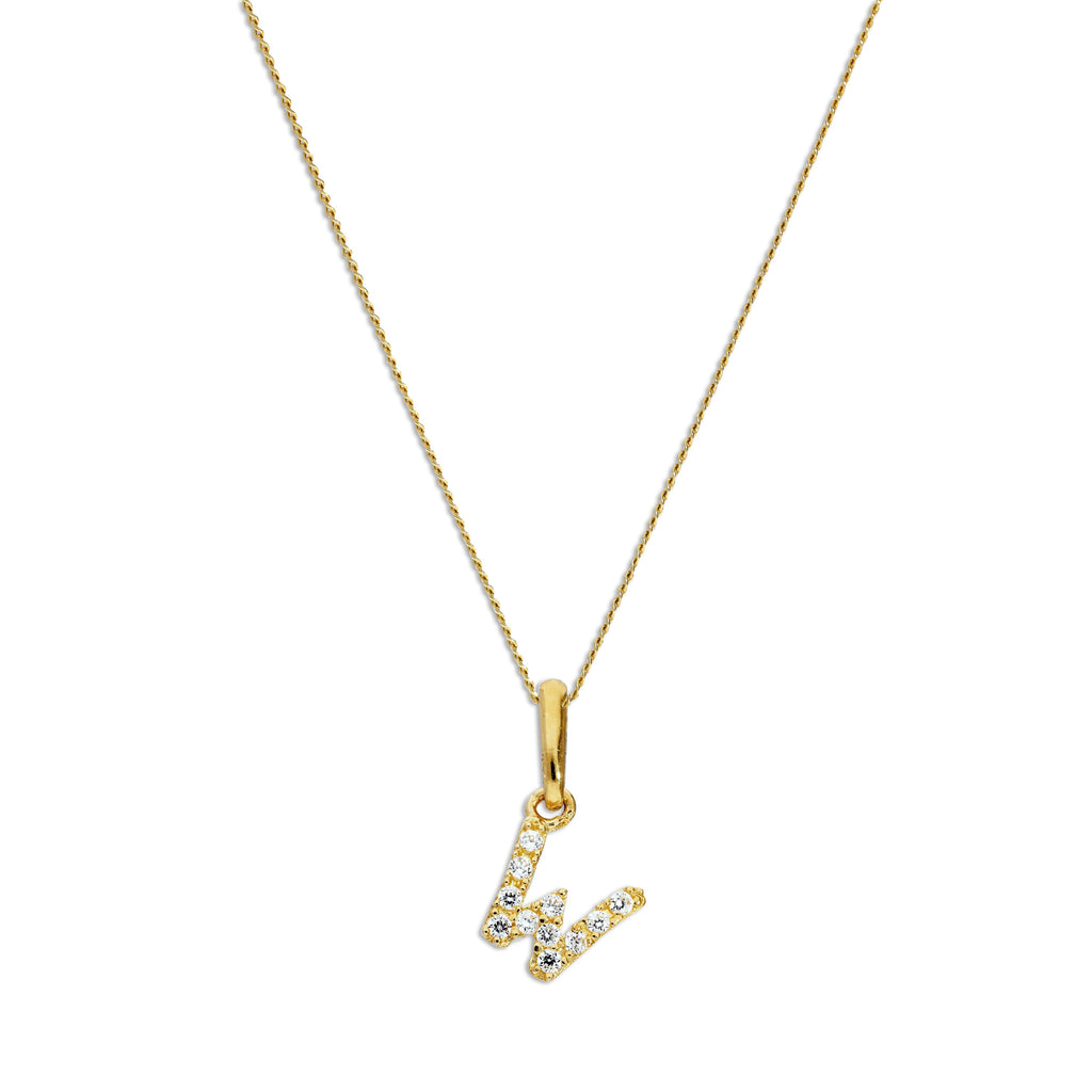 9ct Gold & Clear CZ Crystal Hanging Script Alphabet Letter W Pendant on 16 - 20 Inches Chain