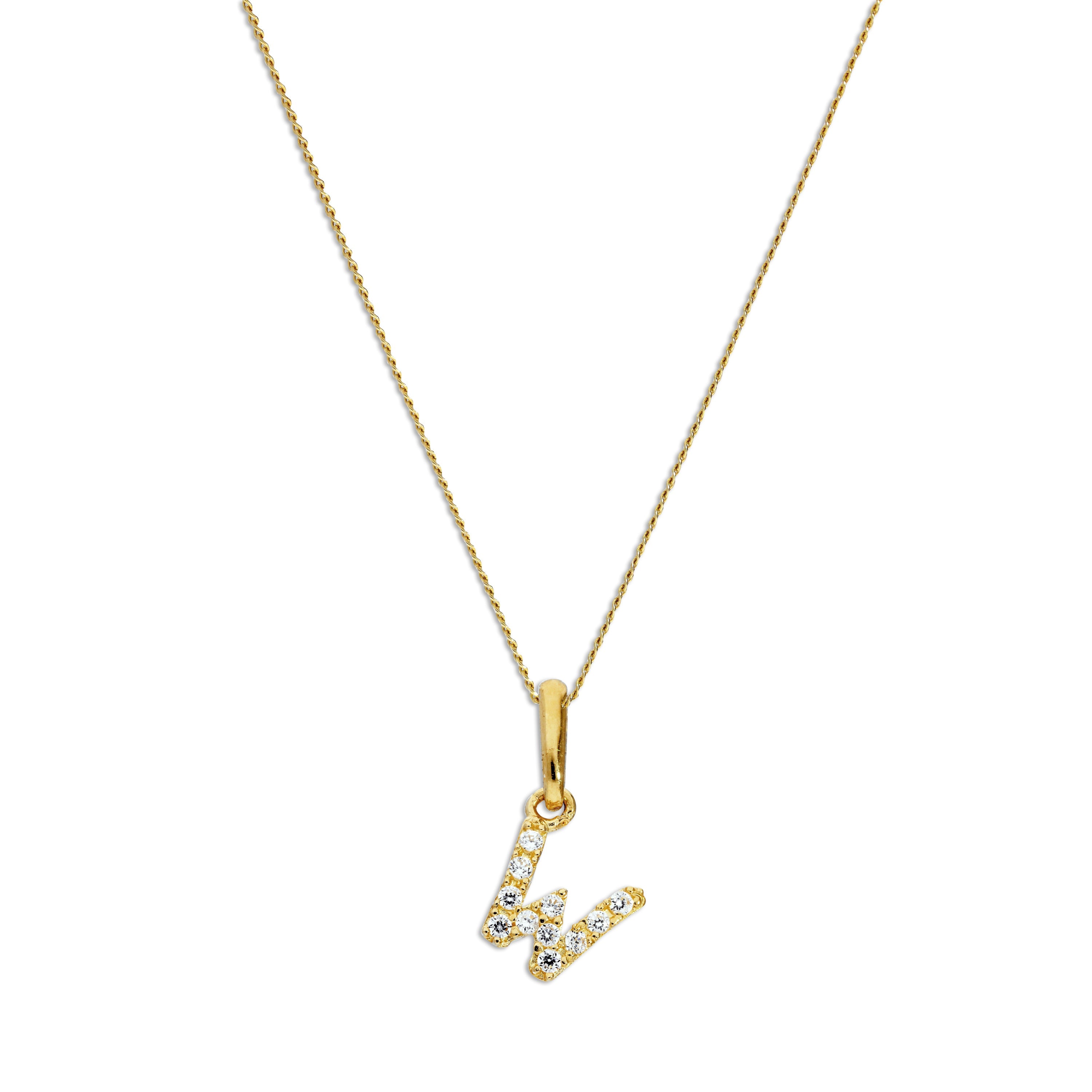 9ct Gold & Clear CZ Crystal Hanging Script Alphabet Letter W Pendant on 16 - 20 Inches Chain