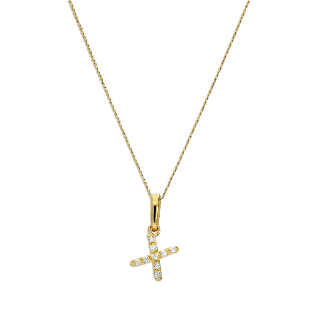 9ct Gold & Clear CZ Crystal Hanging Script Alphabet Letter X Pendant on 16 - 20 Inches Chain