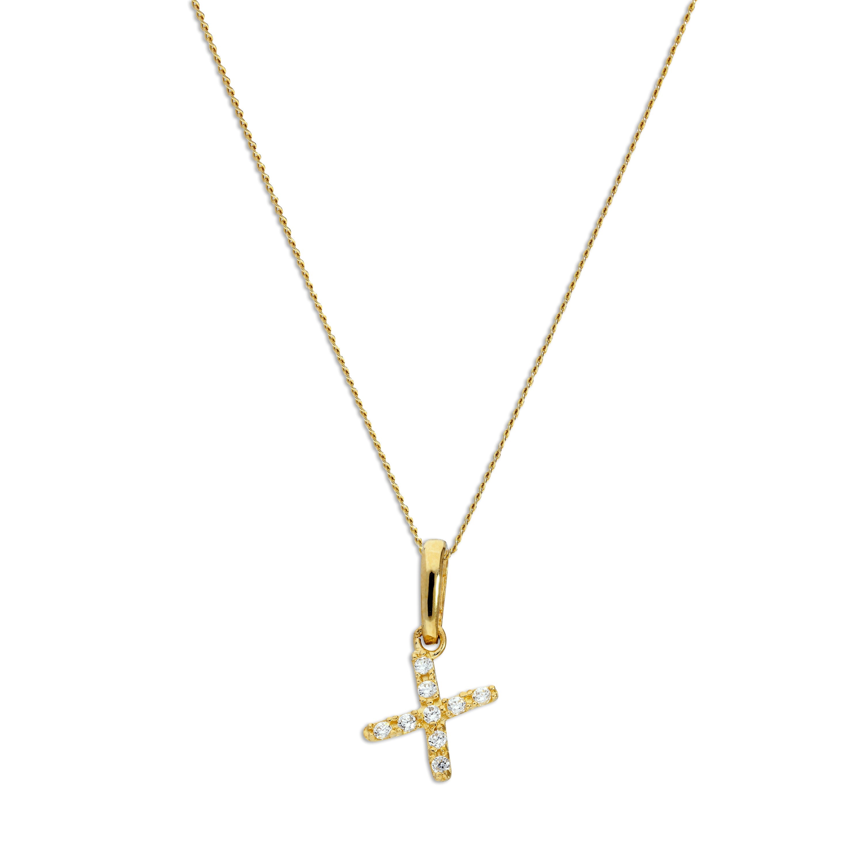 9ct Gold & Clear CZ Crystal Hanging Script Alphabet Letter X Pendant on 16 - 20 Inches Chain