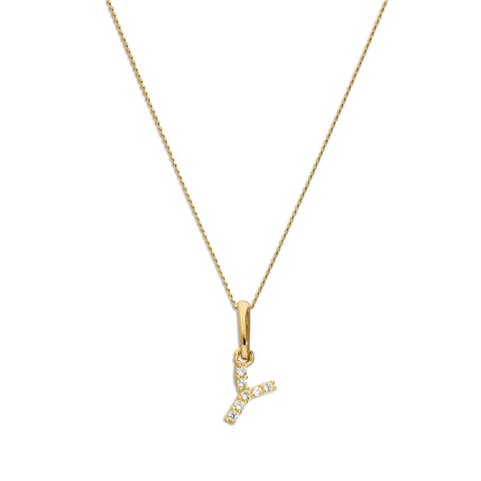 9ct Gold & Clear CZ Crystal Hanging Script Alphabet Letter Y Pendant on 16 - 20 Inches Chain