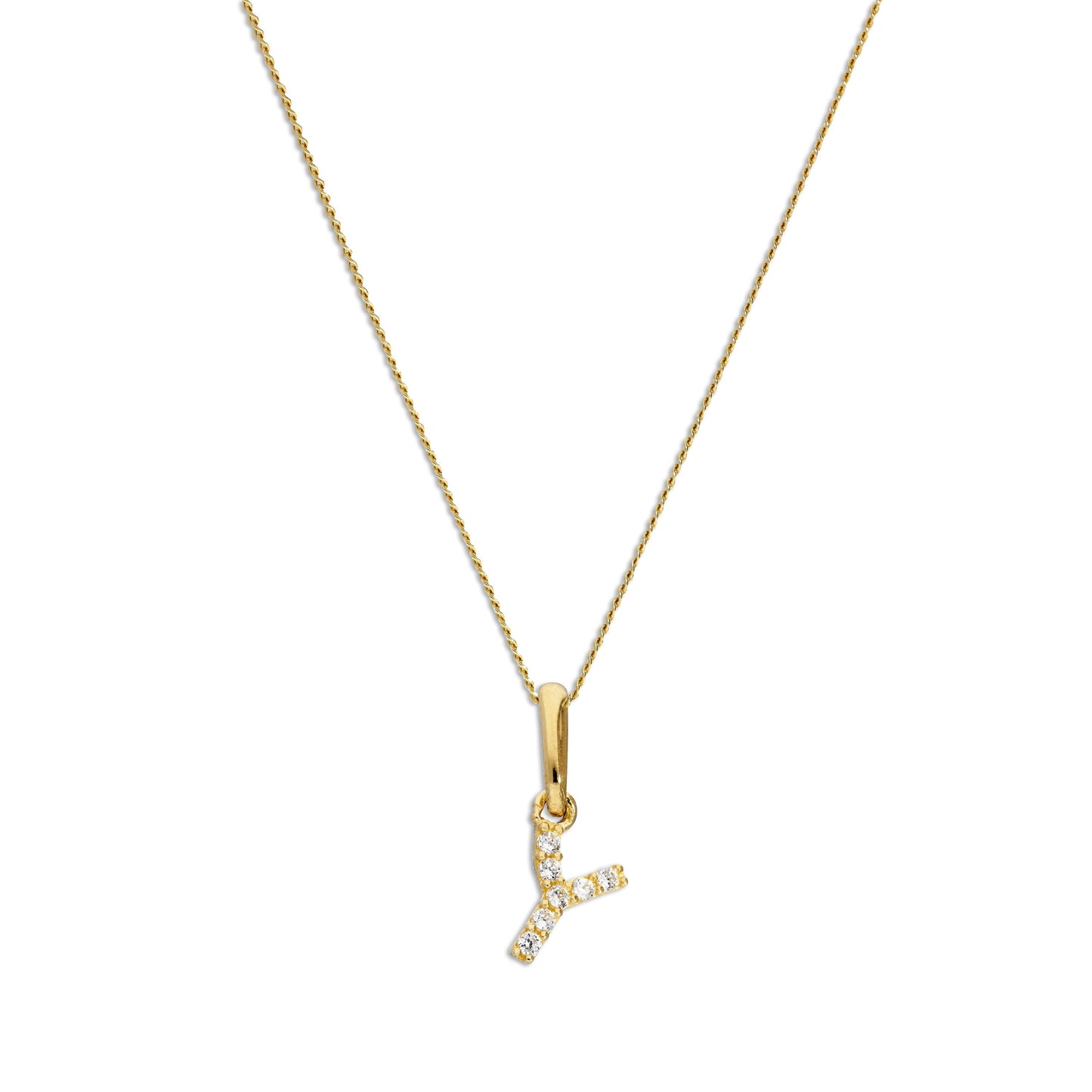 9ct Gold & Clear CZ Crystal Hanging Script Alphabet Letter Y Pendant on 16 - 20 Inches Chain